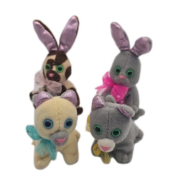 1995 Tiny Tag-alongs 2 Cat Kitty 2 Bunnies Plush Lot Of 4 BB28 - Picture 1 of 8